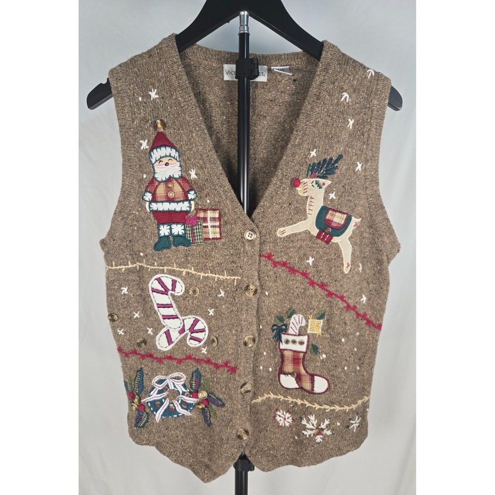 Vintage Victoria Jones Christmas Sweater Vest Small Santa Reindeer Applique